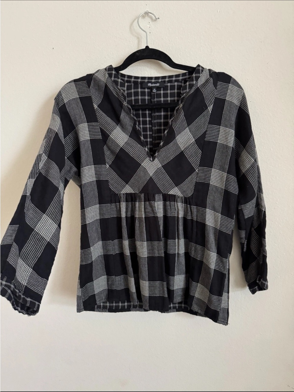 Madewell Bohème Popover Flannel Hayden Plaid Top Black Peasant Size S